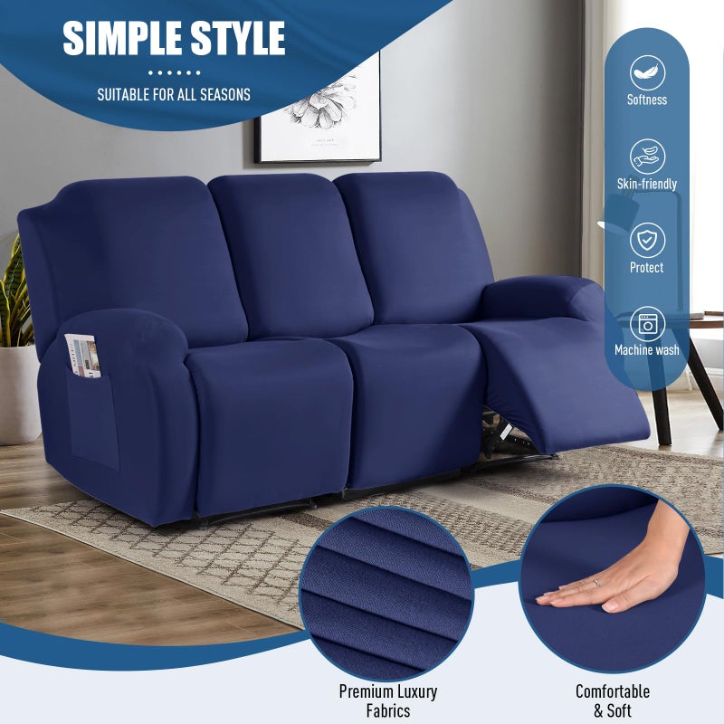 TAOCOCO Recliner Sofa Slipcover, 3 Pieces Polyester Fabric Stretch Sofa Covers for 3 Seat Reclining Couch, Soft Washable Furniture Protector with Pockets (3 Seat, Dark Blue) - Image 2