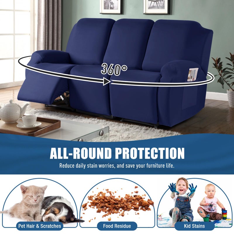TAOCOCO Recliner Sofa Slipcover, 3 Pieces Polyester Fabric Stretch Sofa Covers for 3 Seat Reclining Couch, Soft Washable Furniture Protector with Pockets (3 Seat, Dark Blue) - Image 3