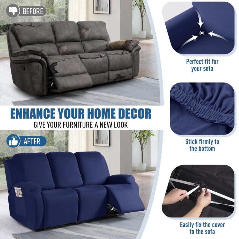 TAOCOCO Recliner Sofa Slipcover, 3 Pieces Polyester Fabric Stretch Sofa Covers for 3 Seat Reclining Couch, Soft Washable Furniture Protector with Pockets (3 Seat, Dark Blue) - Image 4