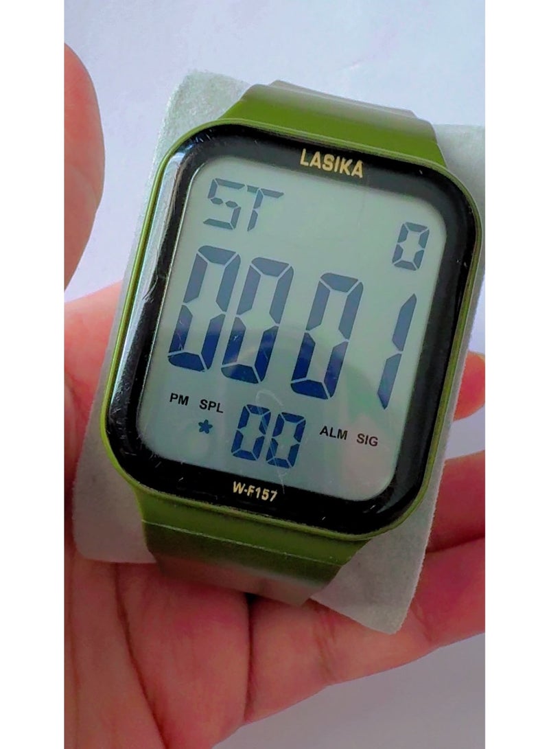 LASIKA W-F157 Digital Sports Watch for Men & Women – Army Green Resin Strap, Large Screen, 3Bar Water Resistant, Brand New Look (Pre-Owned) - Image 1