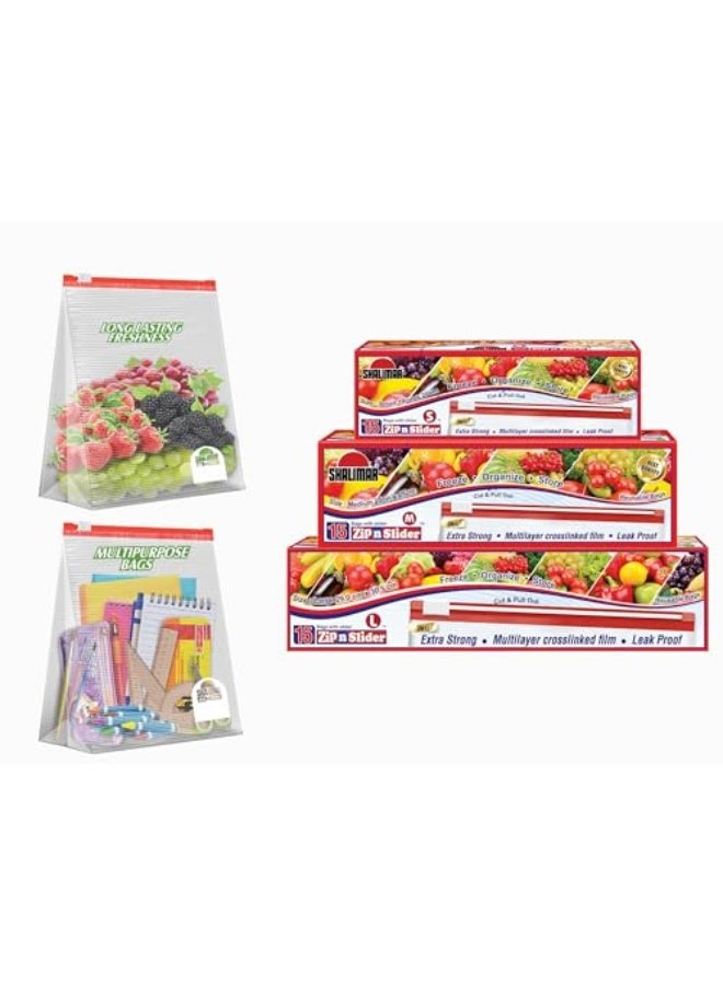 Shalimar Zip Lock Slider Bag Combo Pack – Reusable & Reclosable – 45 Bags (Small + Medium + Large) – Zip Lock/Vegetable/Fridge/Multi-Purpose Storage Bags with Slider Lock - Image 1