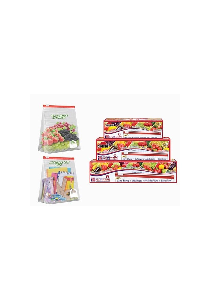 shalimar حزمة أكياس شاليمار القابلة للإغلاق بسحاب – قابلة لإعادة الاستخدام وإعادة الإغلاق – 45 كيس (صغير + متوسط + كبير) – أكياس تخزين بسحاب/خضار/ثلاجة/متعددة الاستخدامات مع قفل منزلق - Image 1