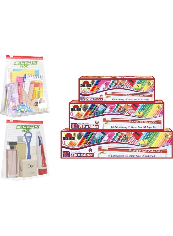 Shalimar Zip Lock Slider Bag Combo Pack – Reusable & Reclosable – 45 Bags (Small + Medium + Large) – Zip Lock/Vegetable/Fridge/Multi-Purpose Storage Bags with Slider Lock - Image 1
