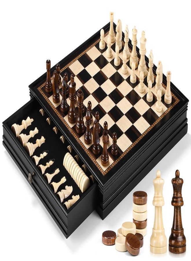 Peradix Magnetic Chess Checkers Board Sets with 2 Built-in Storage Drawers,15" Classic 2 in 1 Wooden Games with 2 Extra Queens for Kids and Adults,Travel Portable Chess Game Set - Image 1