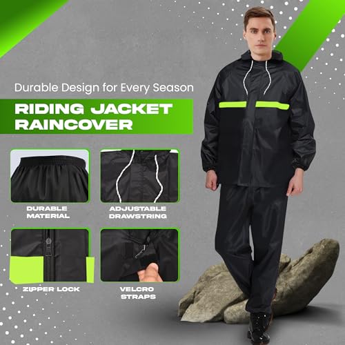 Hacer Raincoat with Reflective Strip Hooded and Adjustable Waterproof Poncho Rainwear Reversible Polyester Reusable Rainsuit for Sports Bikers Riding Camping Men & Women (XXL) - Image 3