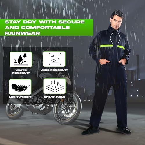 Hacer Raincoat with Reflective Strip Hooded and Adjustable Waterproof Poncho Rainwear Reversible Polyester Reusable Rainsuit for Sports Bikers Riding Camping Men & Women (XXL) - Image 2