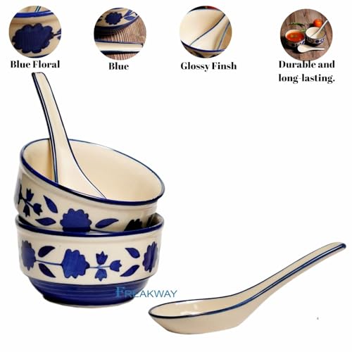 Freakway Handpainted Royal Blue Floral and Leaf-Stripe Pattern Ceramic Soup Bowls with Matching Spoons - (Set of 2, 350 ML, Dishwasher & Microwave Safe) - Image 2