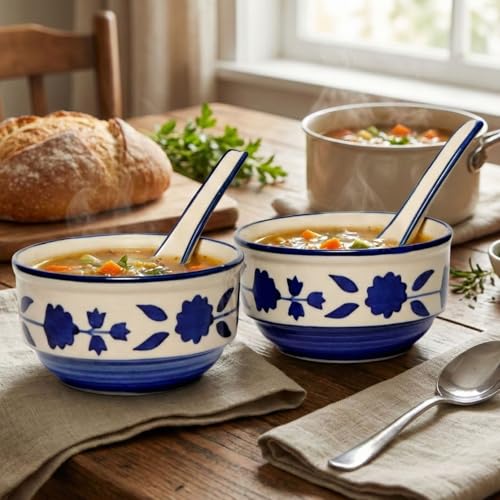 Freakway Handpainted Royal Blue Floral and Leaf-Stripe Pattern Ceramic Soup Bowls with Matching Spoons - (Set of 2, 350 ML, Dishwasher & Microwave Safe) - Image 1