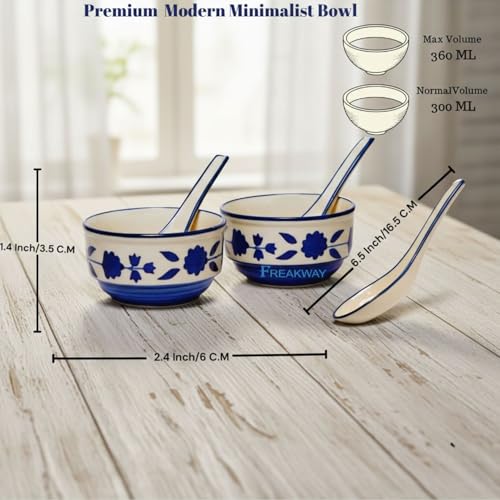 Freakway Handpainted Royal Blue Floral and Leaf-Stripe Pattern Ceramic Soup Bowls with Matching Spoons - (Set of 2, 350 ML, Dishwasher & Microwave Safe) - Image 5