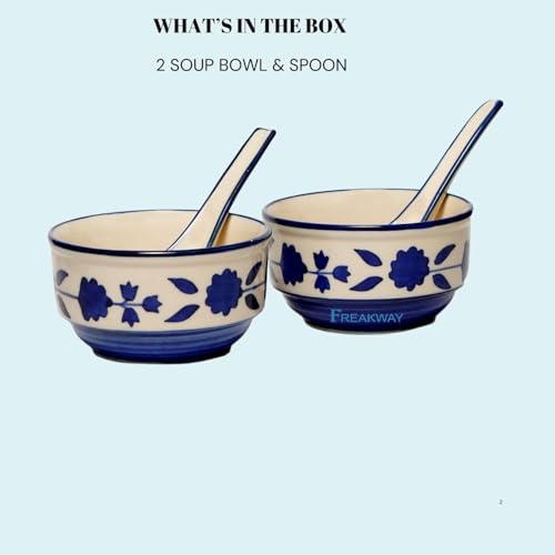 Freakway Handpainted Royal Blue Floral and Leaf-Stripe Pattern Ceramic Soup Bowls with Matching Spoons - (Set of 2, 350 ML, Dishwasher & Microwave Safe) - Image 4