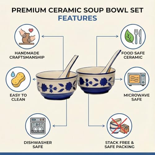 Freakway Handpainted Royal Blue Floral and Leaf-Stripe Pattern Ceramic Soup Bowls with Matching Spoons - (Set of 2, 350 ML, Dishwasher & Microwave Safe) - Image 3