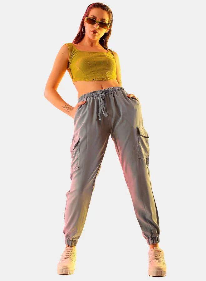Women Regular Fit Solid Mid-Rise Denim Cargo Joggers