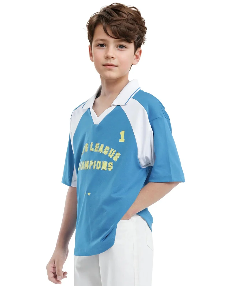 Rare Ones Rare Ones Kids Faze Blue Cotton Blend Half Sleeve Button Graphic Printed Boxy Fit Polo