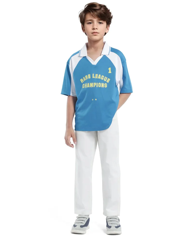 Rare Ones Rare Ones Kids Faze Blue Cotton Blend Half Sleeve Button Graphic Printed Boxy Fit Polo