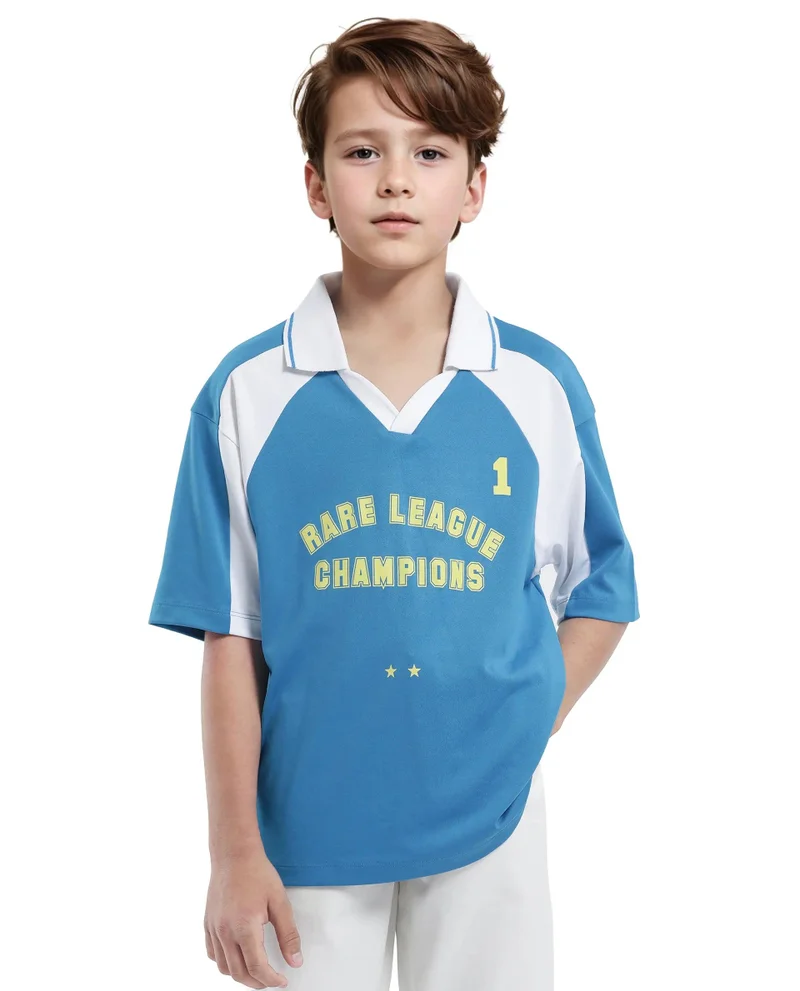 Rare Ones Rare Ones Kids Faze Blue Cotton Blend Half Sleeve Button Graphic Printed Boxy Fit Polo