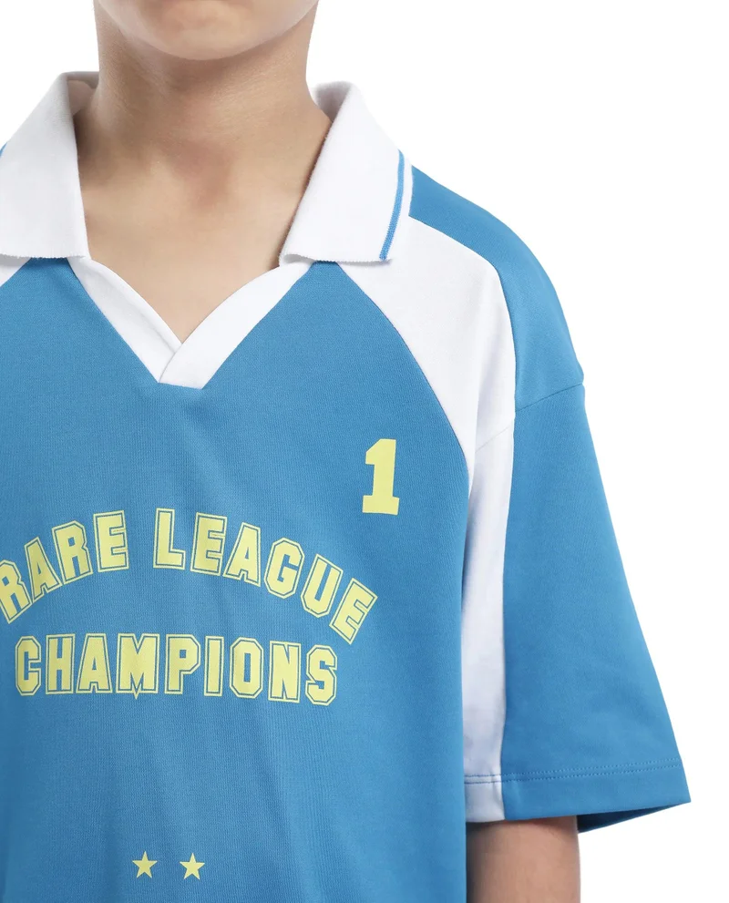 Rare Ones Rare Ones Kids Faze Blue Cotton Blend Half Sleeve Button Graphic Printed Boxy Fit Polo