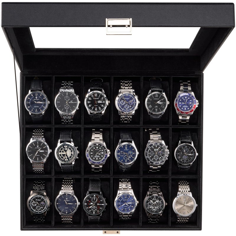 ProCase Watch Box Organizer 18 Slot Watch Display Case With Glass Lid Watch Storage Holder Mens Watch Case Anniversary Birthday Valentine Gifts for Men Women 18 Slot Allblack - Image 2