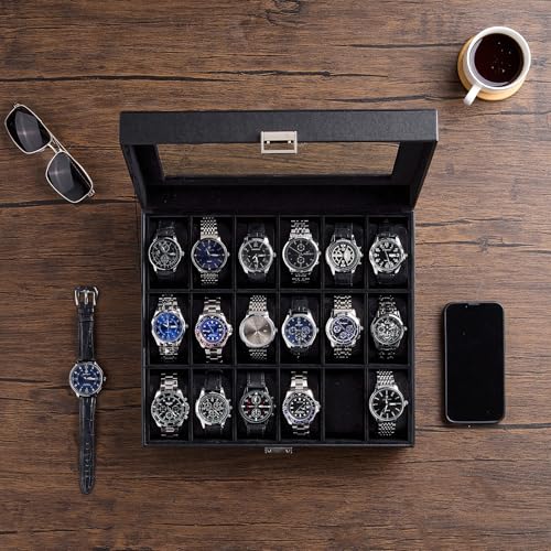 ProCase Watch Box Organizer 18 Slot Watch Display Case With Glass Lid Watch Storage Holder Mens Watch Case Anniversary Birthday Valentine Gifts for Men Women 18 Slot Allblack - Image 3