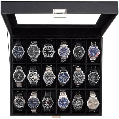 ProCase Watch Box Organizer 18 Slot Watch Display Case With Glass Lid Watch Storage Holder Mens Watch Case Anniversary Birthday Valentine Gifts for Men Women 18 Slot Allblack - Image 1
