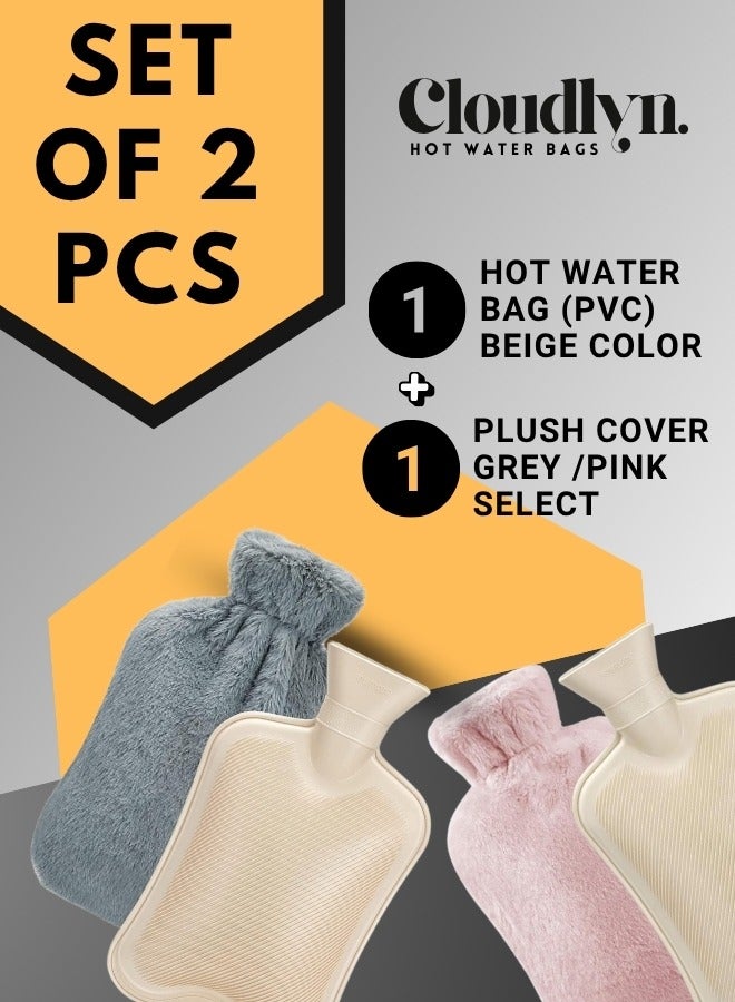 Cloudlyn 2L water capacity hot water rubber bag with plush cover  for cramps and pain relief classic style grey - Image 3
