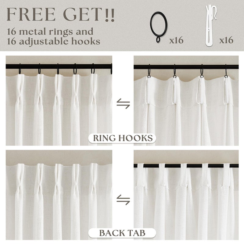 TWODRAPES Beige White Linen Curtains 108 Inches Long 2 Panels Set for Living Room Neutral Boho Thick Linen Textured Pinch Pleated Memory Shape Light Filtering Ceiling Semi Sheer Window Curtain Hook Rings Ivory - Image 5