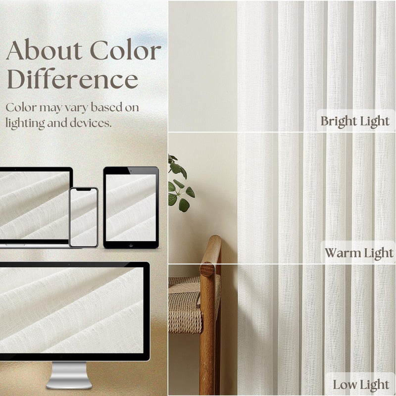 TWODRAPES Beige White Linen Curtains 108 Inches Long 2 Panels Set for Living Room Neutral Boho Thick Linen Textured Pinch Pleated Memory Shape Light Filtering Ceiling Semi Sheer Window Curtain Hook Rings Ivory - Image 4