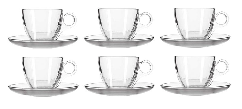 Cloudsell Glass Tea Cup and Saucer Set Crystal Clear Glass 180 ml Set of 12 - Image 1
