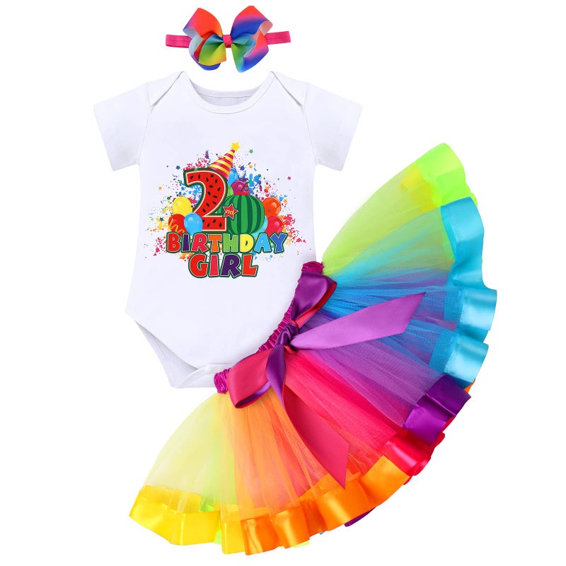 IMEKIS Watermelon Outfits for Baby Girl 2nd Birthday Outfit Toddler Girl Cake Smash Romper Rainbow Tutu Skirt Headband Photo Shoot Summer Melon Themed Second Birthday Outfit Glow Party Supply Two 2 Year Old 