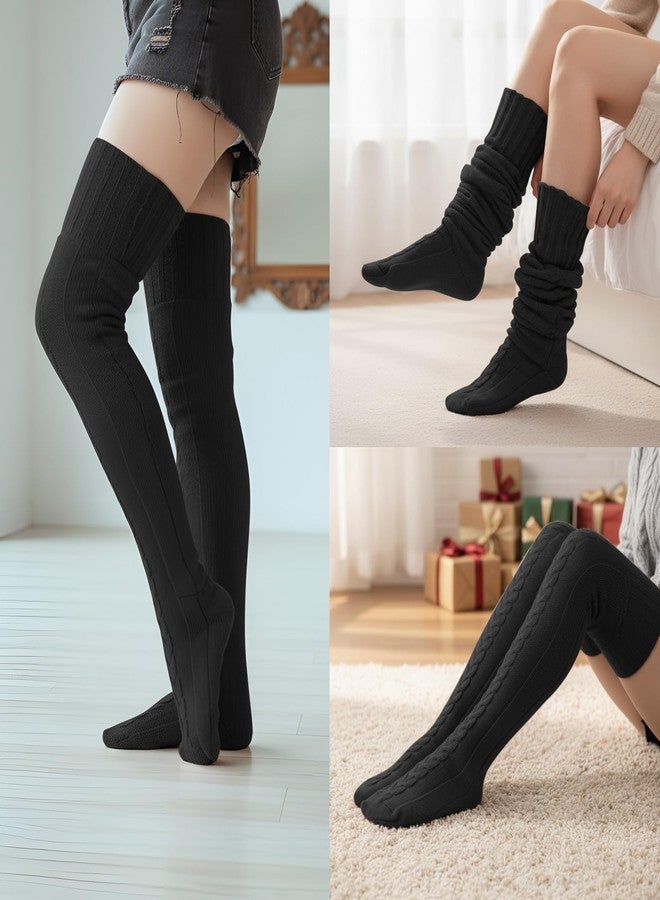 Suhine 1 Pair Women Fleece Lined Thigh High Sock over Knee Cable Knit Boot Sock Extra Long Winter Warm Thermal Stocking Leg Warmer (Black) - Image 4
