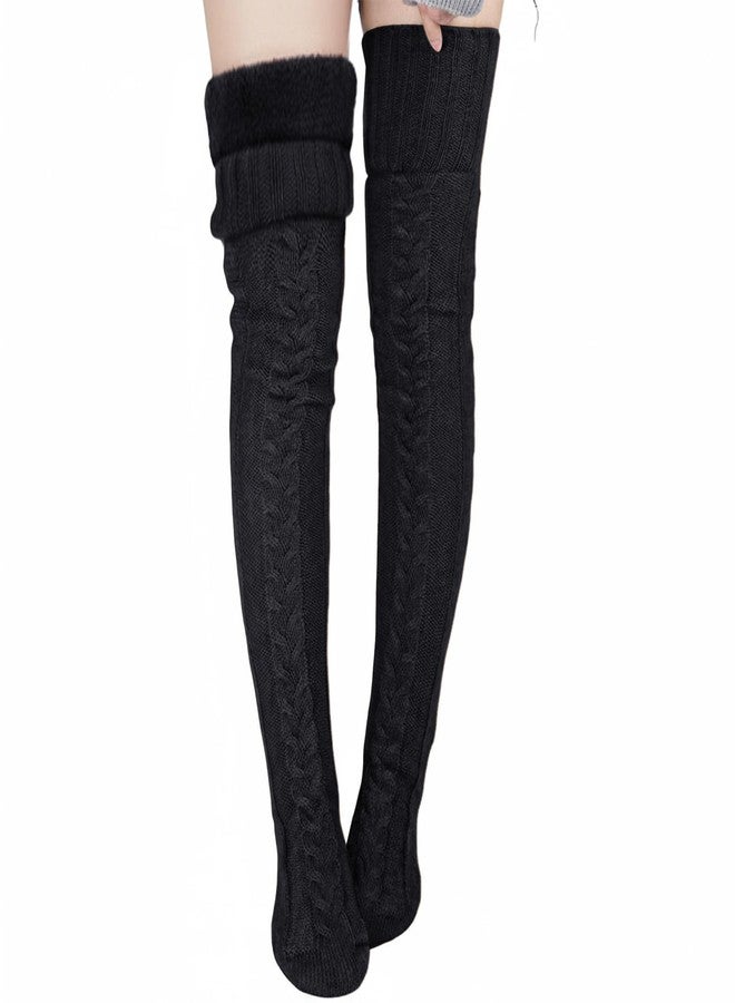 Suhine 1 Pair Women Fleece Lined Thigh High Sock over Knee Cable Knit Boot Sock Extra Long Winter Warm Thermal Stocking Leg Warmer (Black) - Image 1