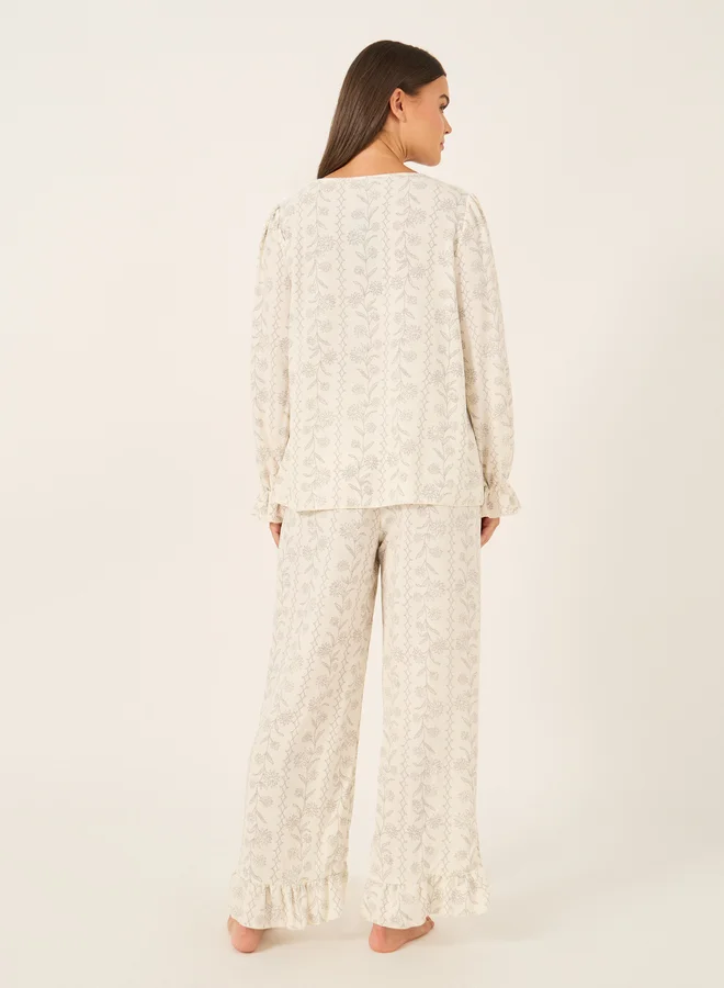 Styli All-Over Floral Print Lace Insert Long Sleeve Top and Ruffle Hem Pyjama Set