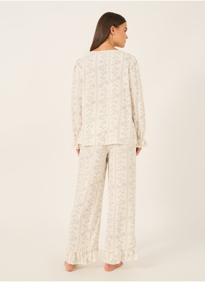 Styli All-Over Floral Print Lace Insert Long Sleeve Top and Ruffle Hem Pyjama Set  - Image 5