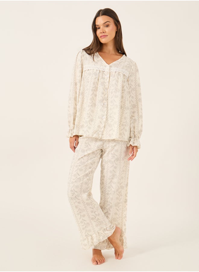 Styli All-Over Floral Print Lace Insert Long Sleeve Top and Ruffle Hem Pyjama Set  - Image 2