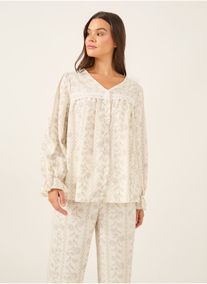 Styli All-Over Floral Print Lace Insert Long Sleeve Top and Ruffle Hem Pyjama Set  - Image 3