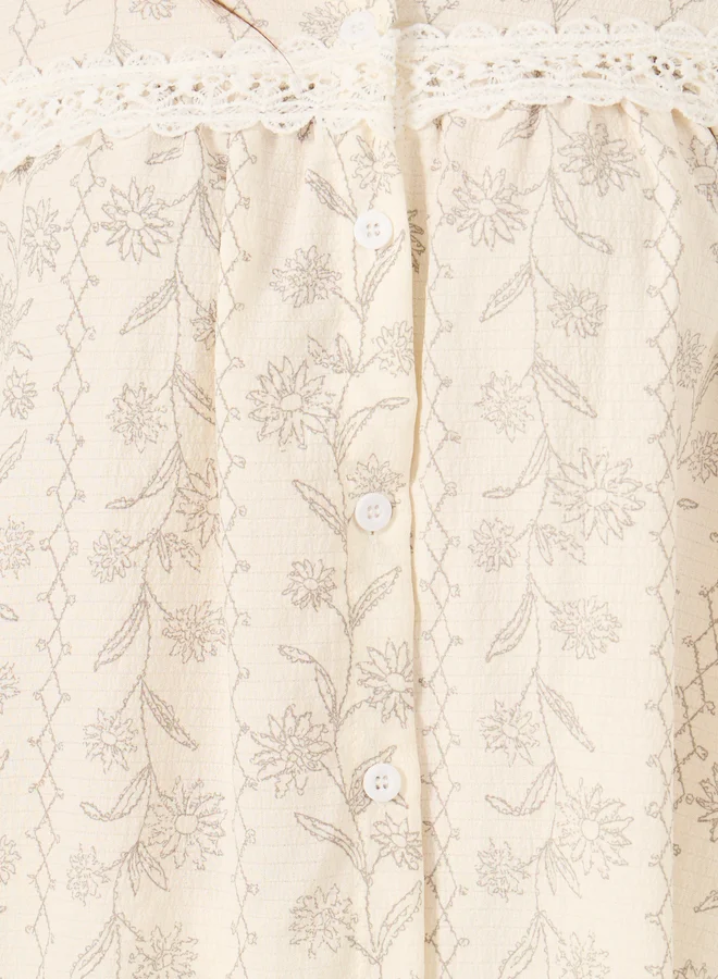 Styli All-Over Floral Print Lace Insert Long Sleeve Top and Ruffle Hem Pyjama Set