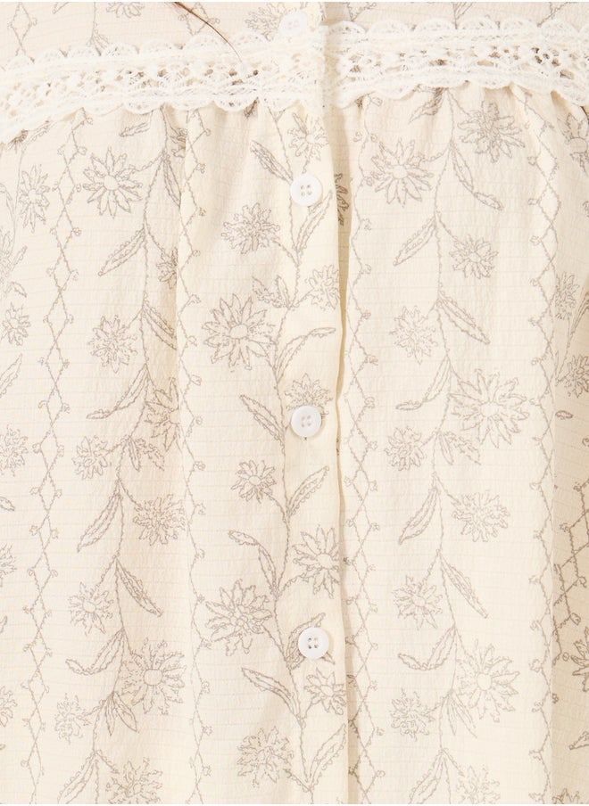 Styli All-Over Floral Print Lace Insert Long Sleeve Top and Ruffle Hem Pyjama Set  - Image 4