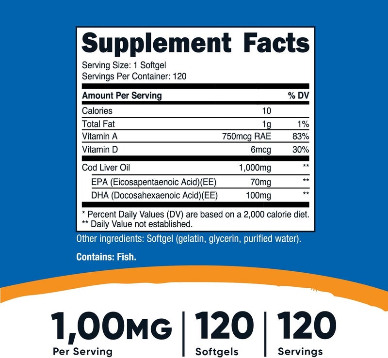 Nutricost Cod Liver Oil 1000mg 120 Softgels  NonGMO  Gluten Free - Image 2