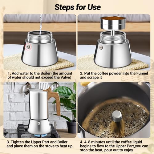 Vaolvpant No Coating 2 Cup Moka Pot Thickened 304 Stainless Steel Stovetop Espresso Coffee Maker 100ml 3.4oz Mocha Percolator Greca Cuban Ideal for Making Rich Authentic Italian Café - Image 5