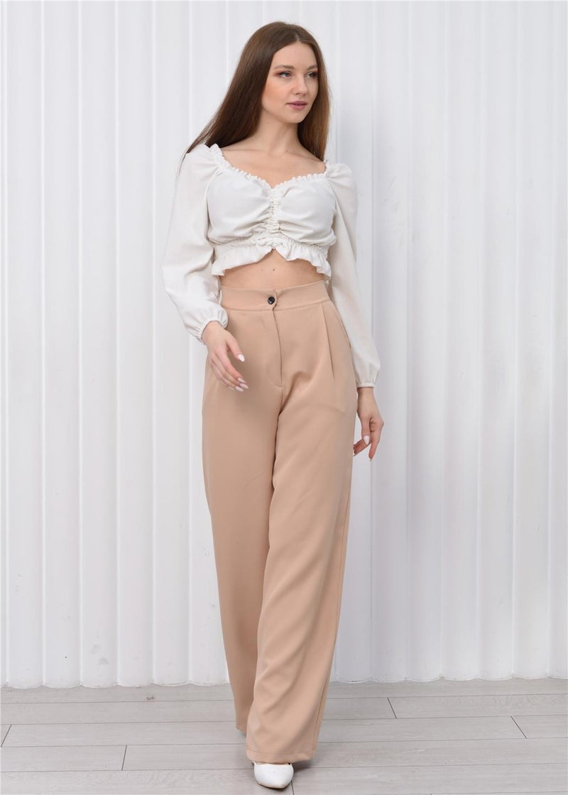 Nuseel Women's High Waist Palazzo Pants Cream  - Image 3