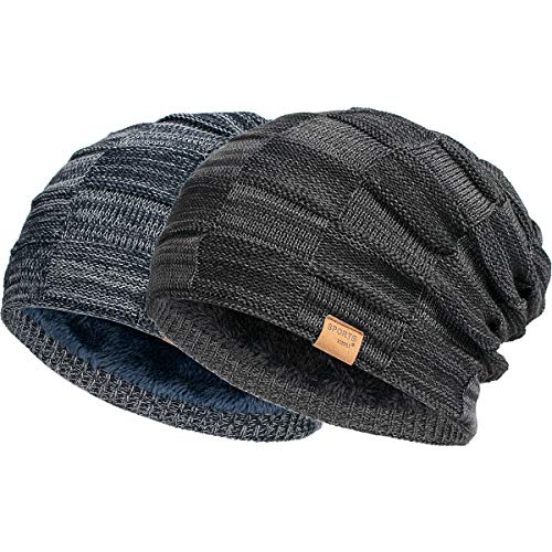 Vgogfly Slouchy Beanie for Men Winter Hats for Guys Cool Beanies Mens Lined Knit Warm Thick Skully Stocking Binie Hat Black/Navy - Image 1