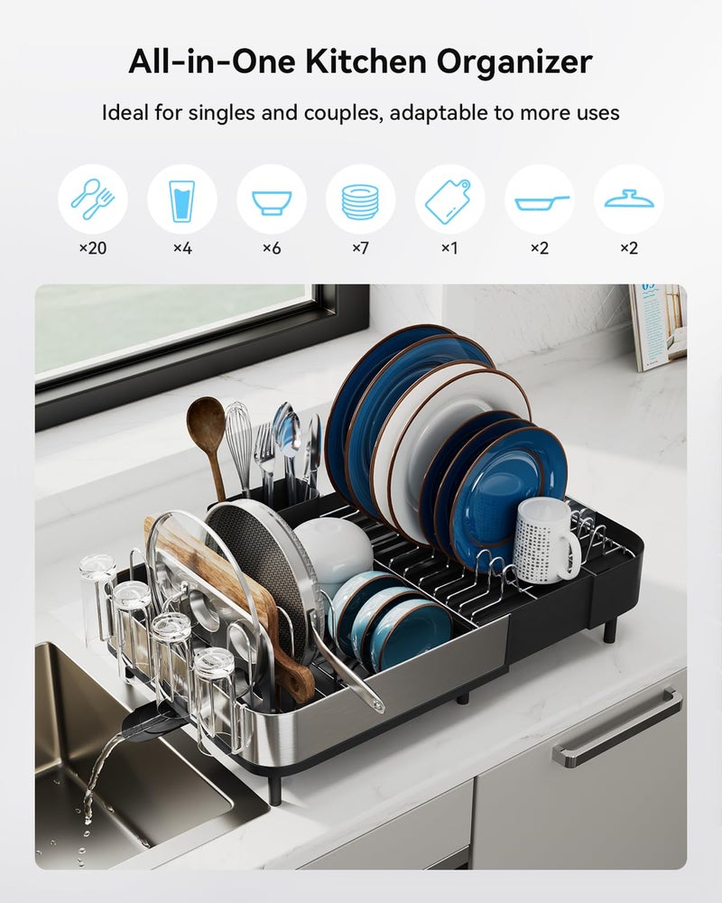 SUNLY Expandable Dish Drying Rack, Versatile Brackets for Pots & Pans, Space Saving Kitchen Drying Rack, Dish Racks for Kitchen Counter, Stainless Steel Dish Drainers with Extendable Spout, Black - Image 2