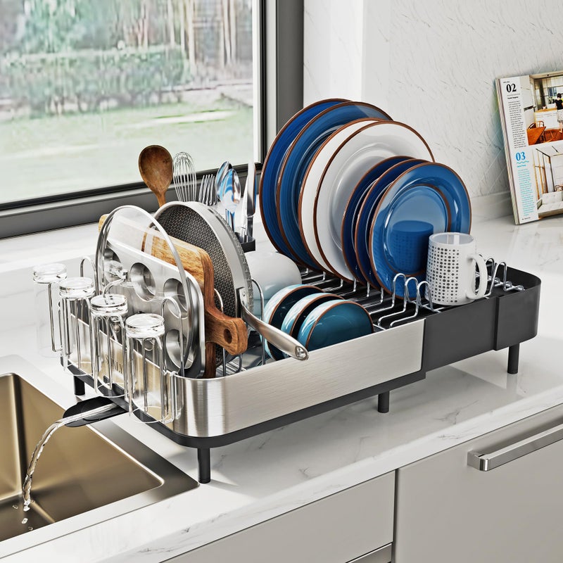 SUNLY Expandable Dish Drying Rack, Versatile Brackets for Pots & Pans, Space Saving Kitchen Drying Rack, Dish Racks for Kitchen Counter, Stainless Steel Dish Drainers with Extendable Spout, Black - Image 1