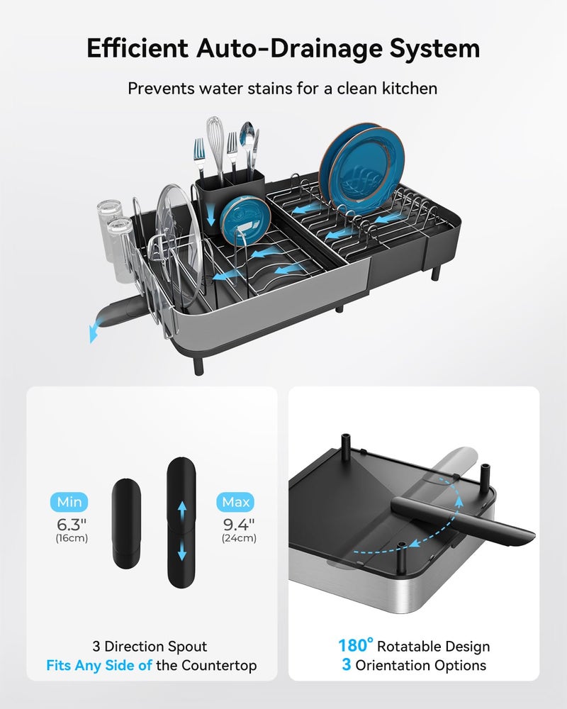 SUNLY Expandable Dish Drying Rack, Versatile Brackets for Pots & Pans, Space Saving Kitchen Drying Rack, Dish Racks for Kitchen Counter, Stainless Steel Dish Drainers with Extendable Spout, Black - Image 4