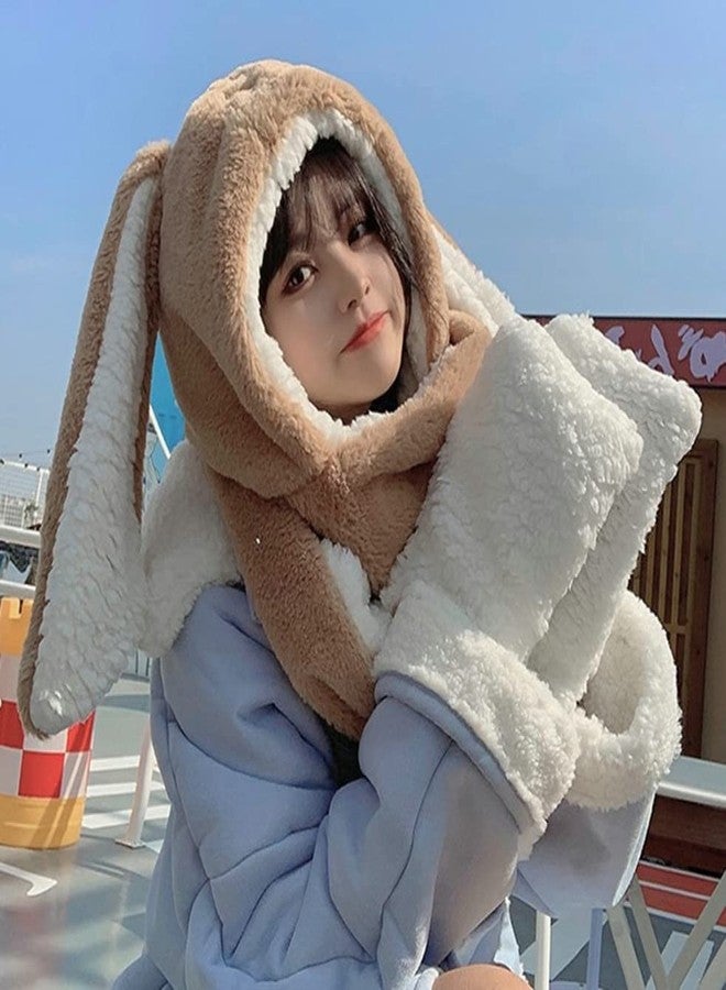 Caistre Women Cute Rabbit Ear Plush Beanie Cap Outdoor Fluffy Bunny Hat Scarf Set Indoor Warm Thick Fleece Animal Hoodie, Beige, M - Image 3