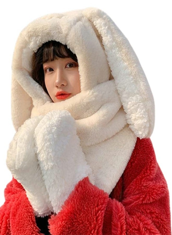 Caistre Women Cute Rabbit Ear Plush Beanie Cap Outdoor Fluffy Bunny Hat Scarf Set Indoor Warm Thick Fleece Animal Hoodie, Beige, M - Image 1