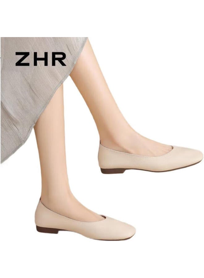 Zhr Women'S Flats, Gentle Style, Versatile, Soft Flat Sole, Peas Shoes, Retro Square Toe, Lightweight Slip-On Women'S Shoes, Ah122, Beige, Size 36 - Image 1