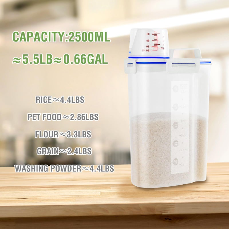 HNNJCK 2 Pcs 5.5Lbs Rice Dispenser Storage Containers, Rice Container with Measuring Cup & Pour Spout, Kitchen Plastic Airtight Container for Cereal, Grain, Flour, Sugar, Oatmeal, Dry Pet Dog Food - Image 3