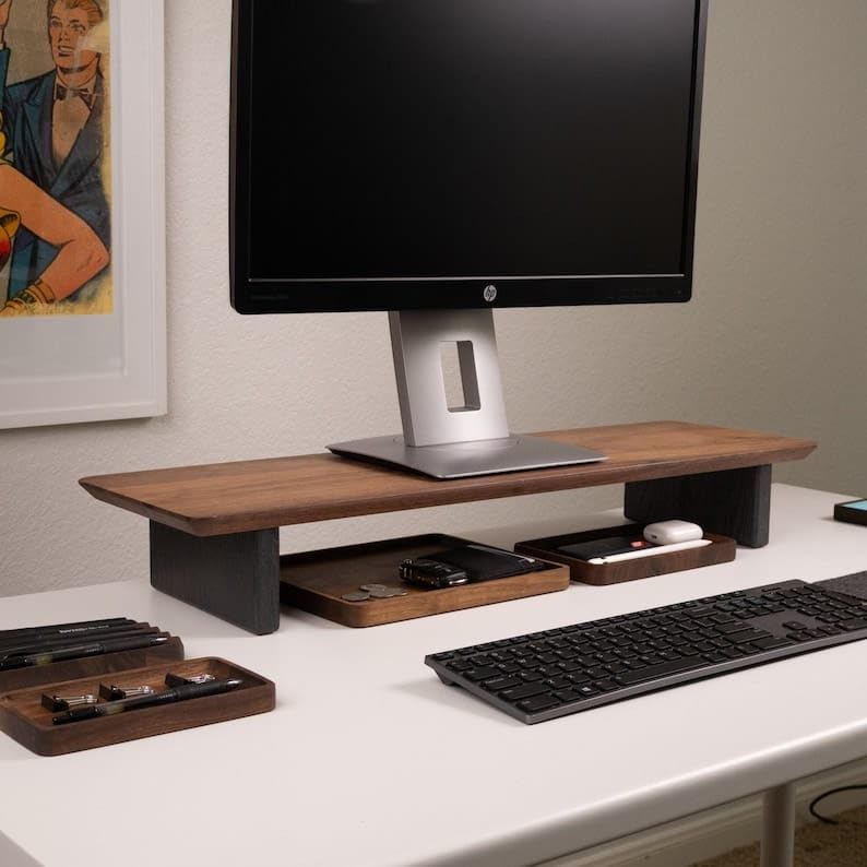 carpentray 66Cm Wooden Computer Long Monitor Stand, Monitor Riser Desk Shelf Desktop Legs Stand TV Laptop Riser with Keyboard Storage Desk (Walnut Finish/Black Legs) (66cm) - Image 1