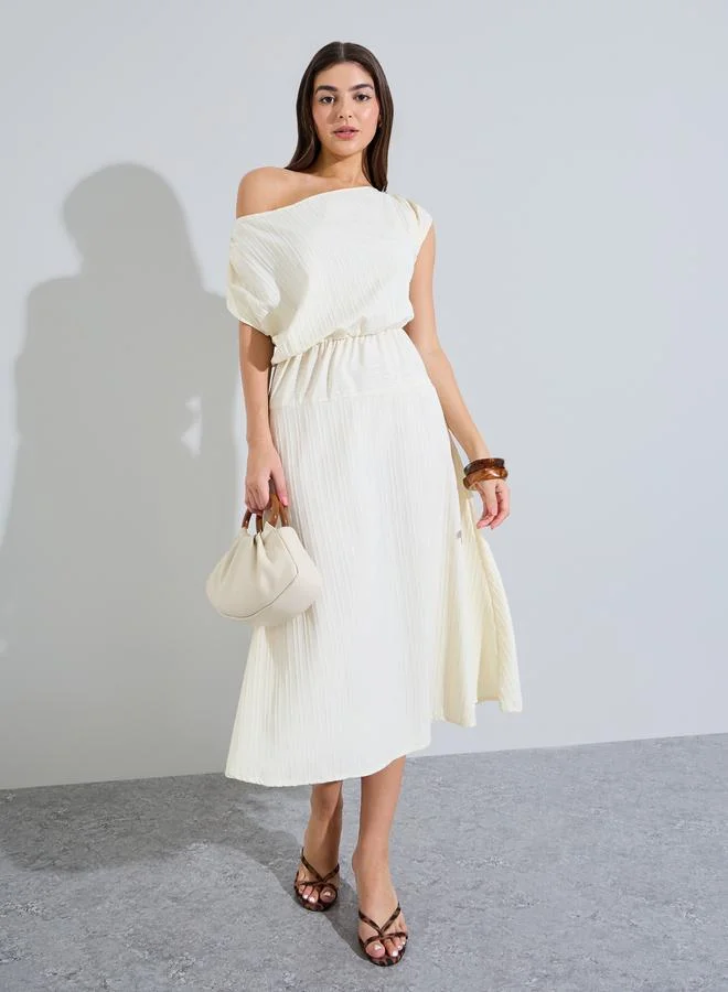 ستايلي Beige Textured One Shoulder Neck A-Line Midi Dress