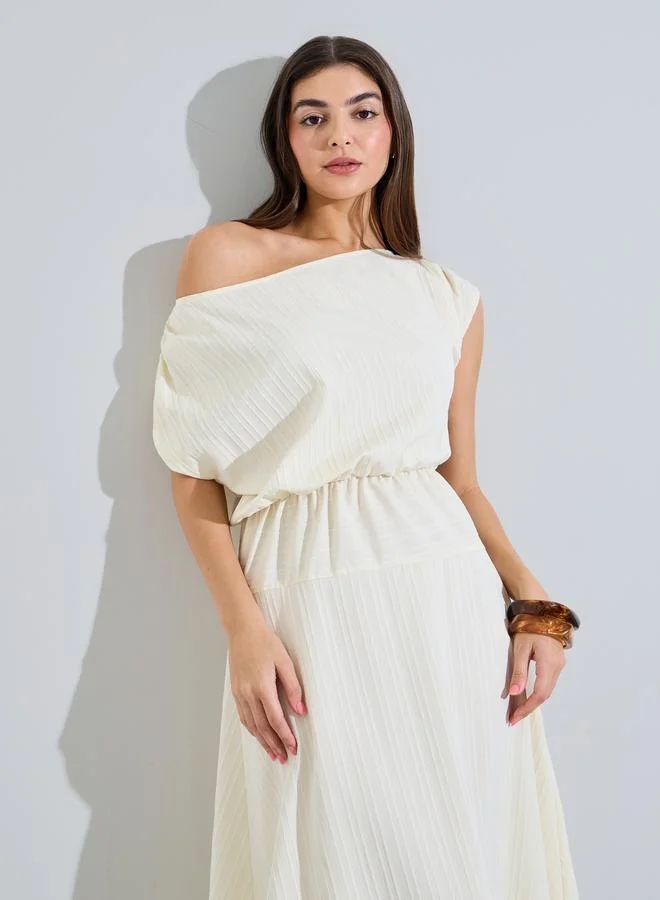 ستايلي Beige Textured One Shoulder Neck A-Line Midi Dress
